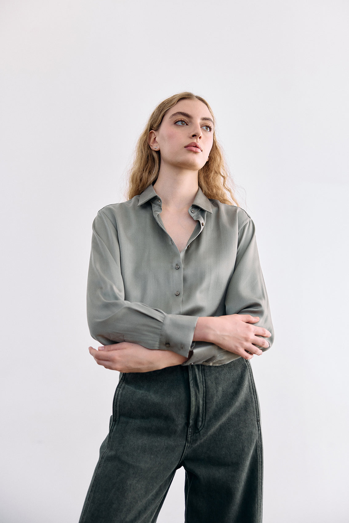 Pointed Collar Silk Button-Down Shirt - Musgo