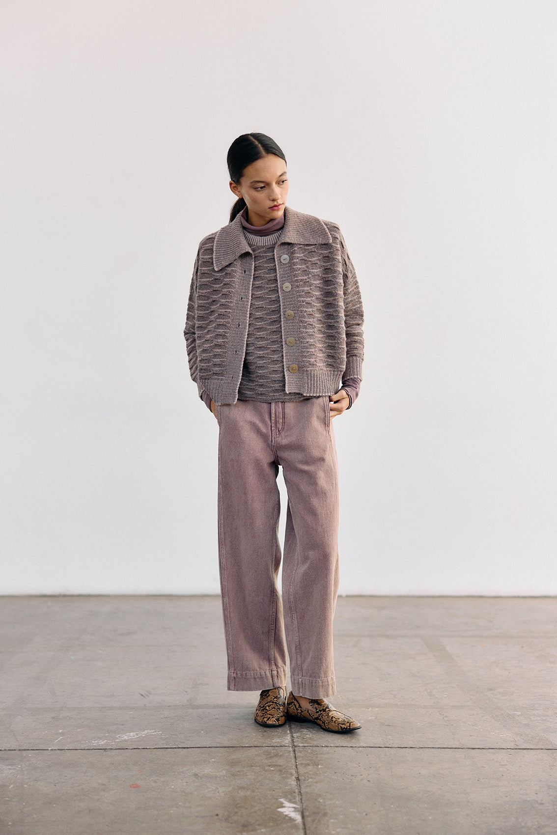 Textured Alpaca Knit Collar Cardigan - Malva