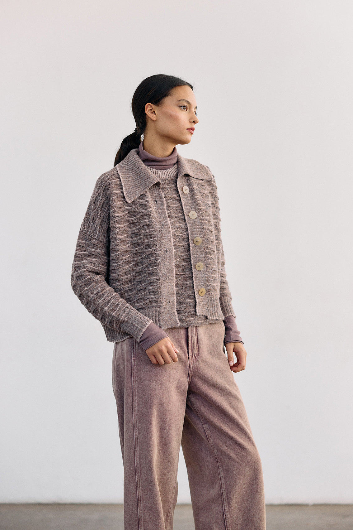 Textured Alpaca Knit Collar Cardigan - Malva