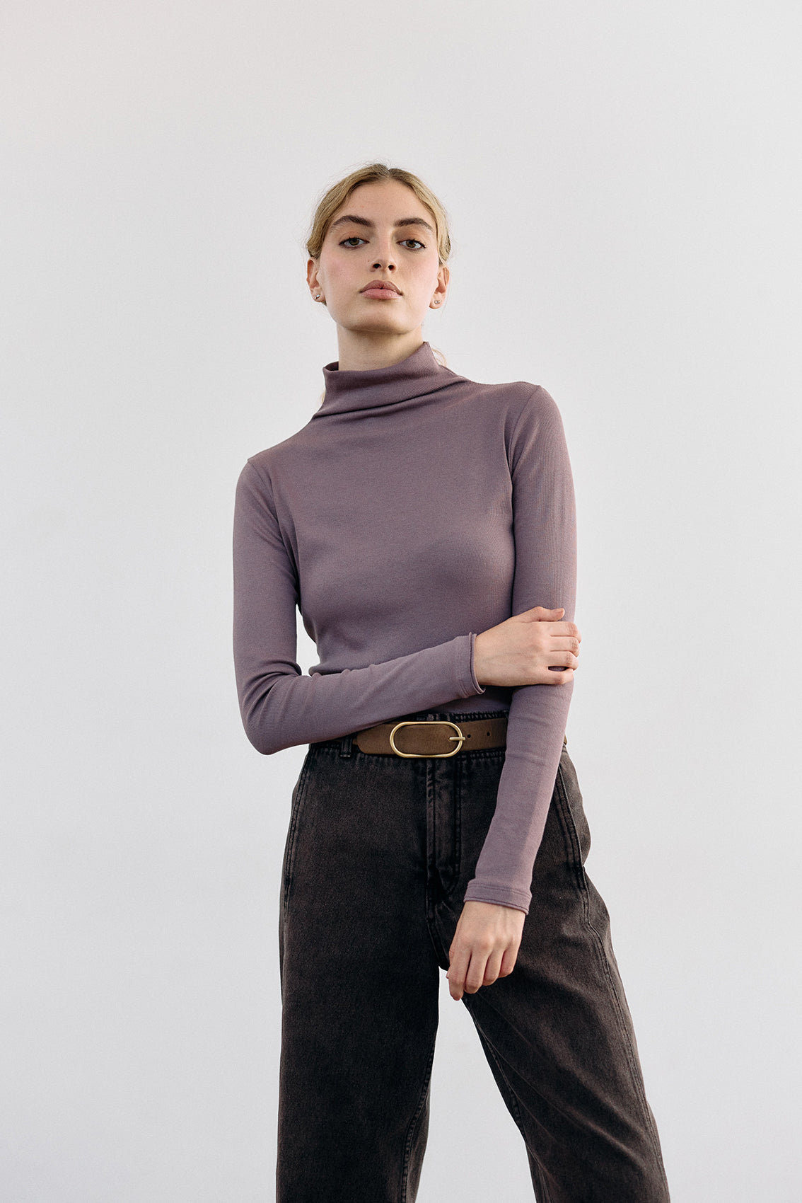 Ribbed Pima Cotton Turtleneck Top - Malva