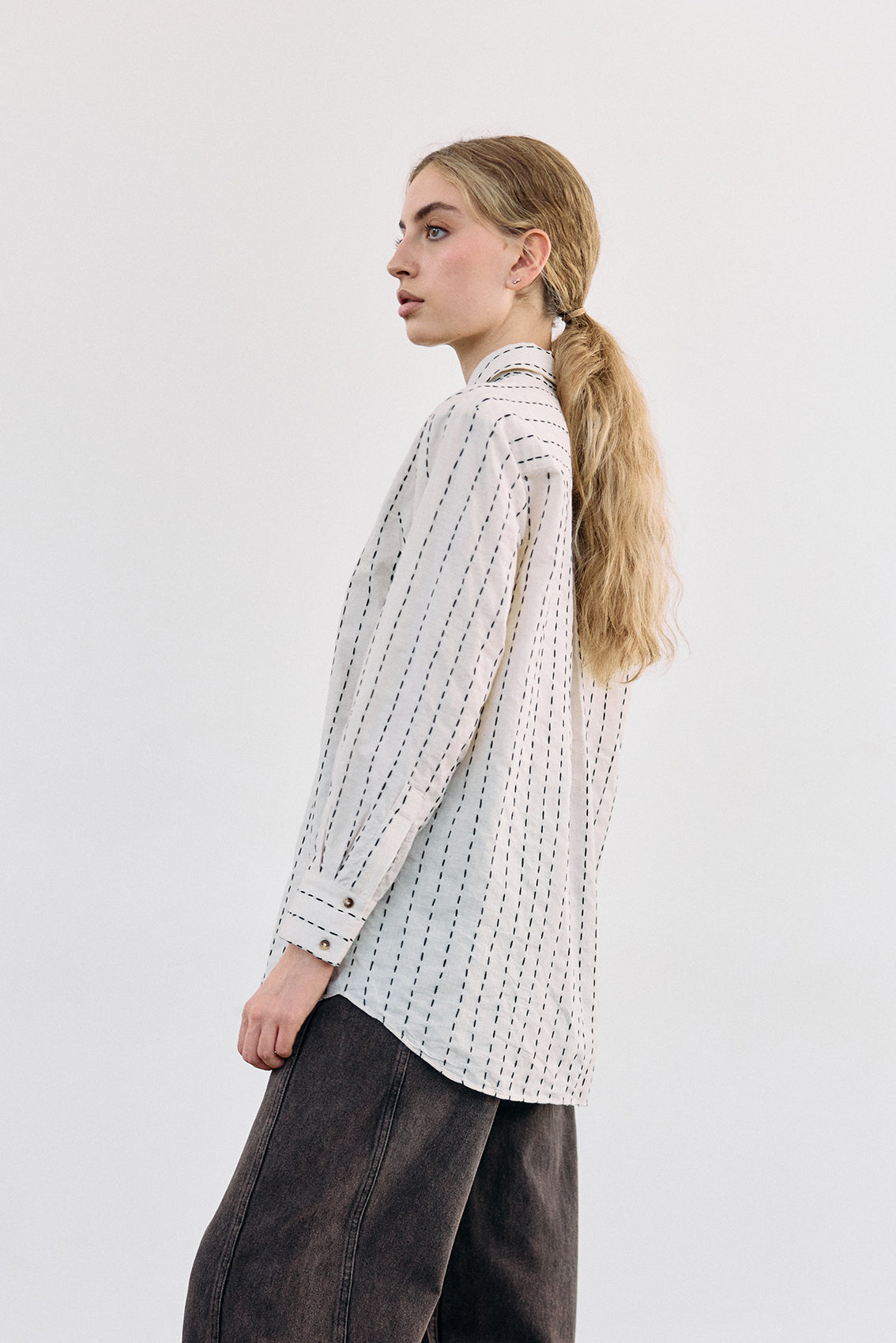 Contrast Stitching Cotton Blouse