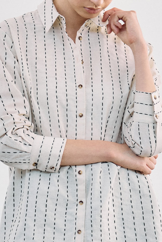 Contrast Stitching Cotton Blouse