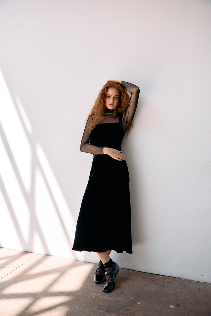 Silk Velvet Bias Long Skirt - Ónix
