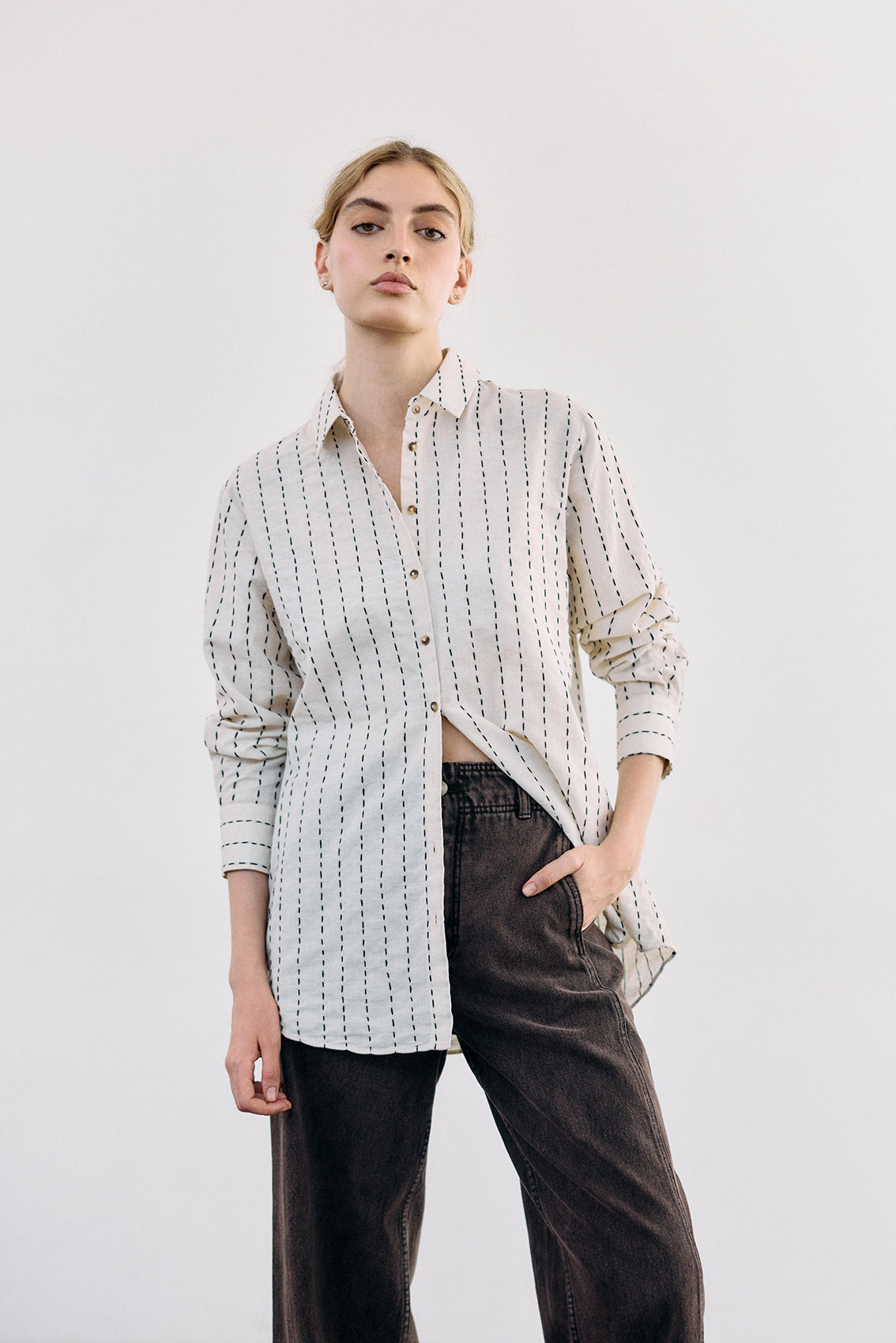 Contrast Stitching Cotton Blouse
