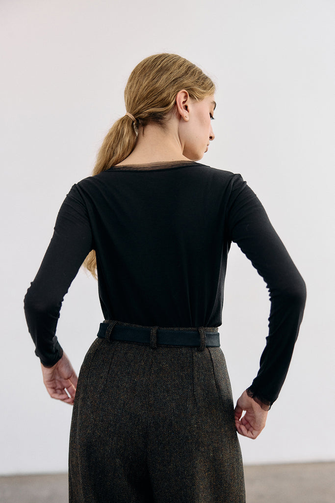 Long-Sleeve Crew Neck Pima Cotton Top - Ónix