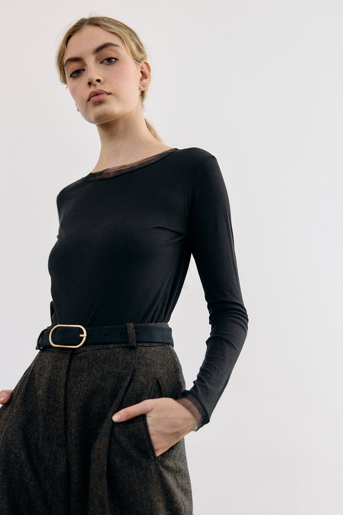 Long-Sleeve Crew Neck Pima Cotton Top - Ónix