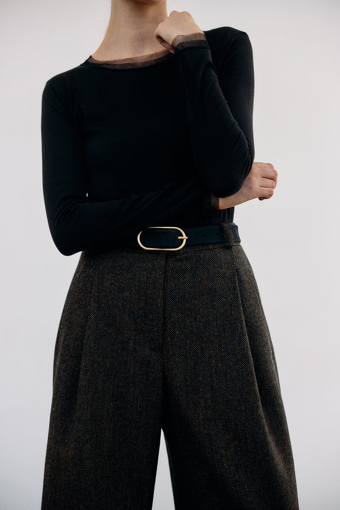 Long-Sleeve Crew Neck Pima Cotton Top - Ónix