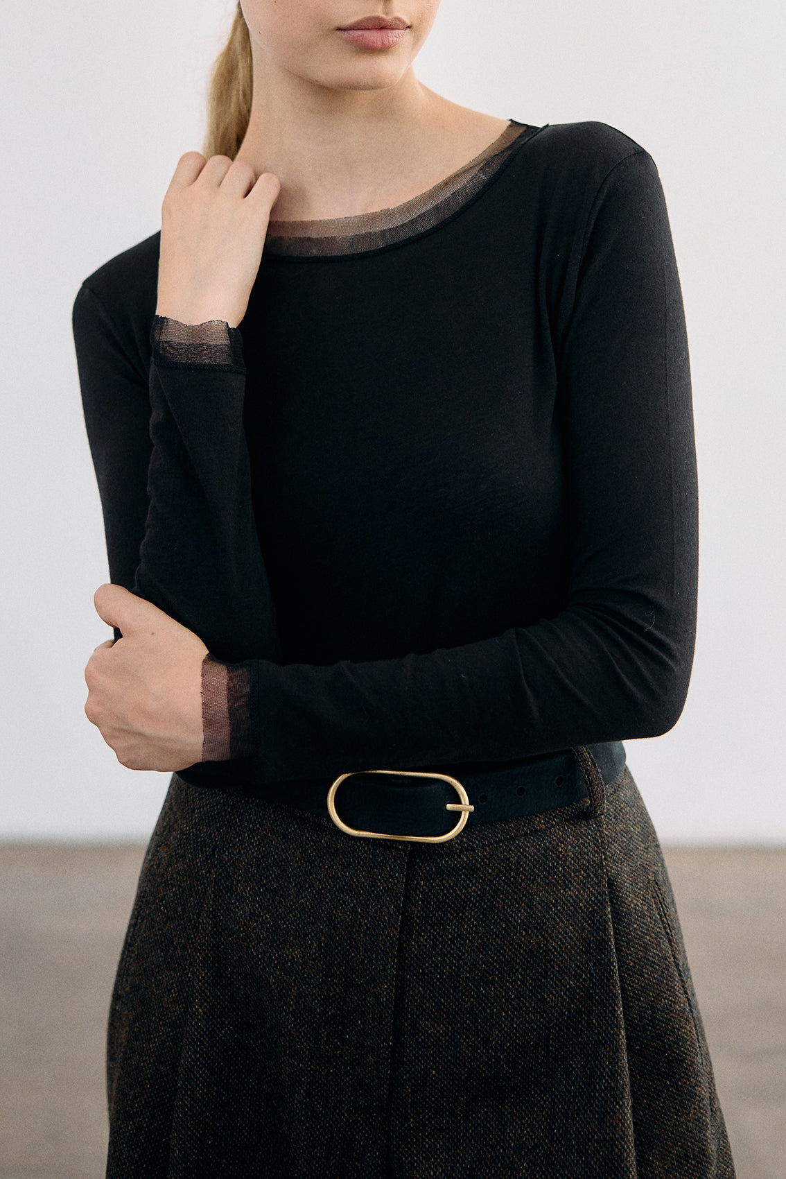 Long-Sleeve Crew Neck Pima Cotton Top - Ónix