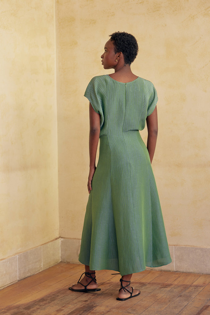 Textured Front Panel Dress Silk-Linen - Pesto