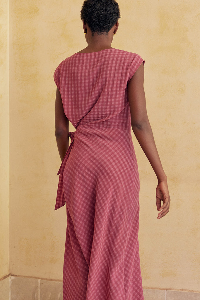 Gingham Tie-Waist Wrap Dress Lyocell - Berry