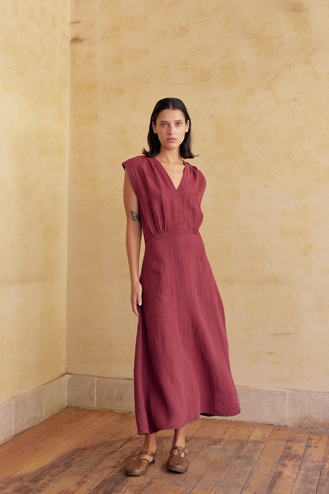 V-Neck Relaxed Dress Washed Linen - Berry