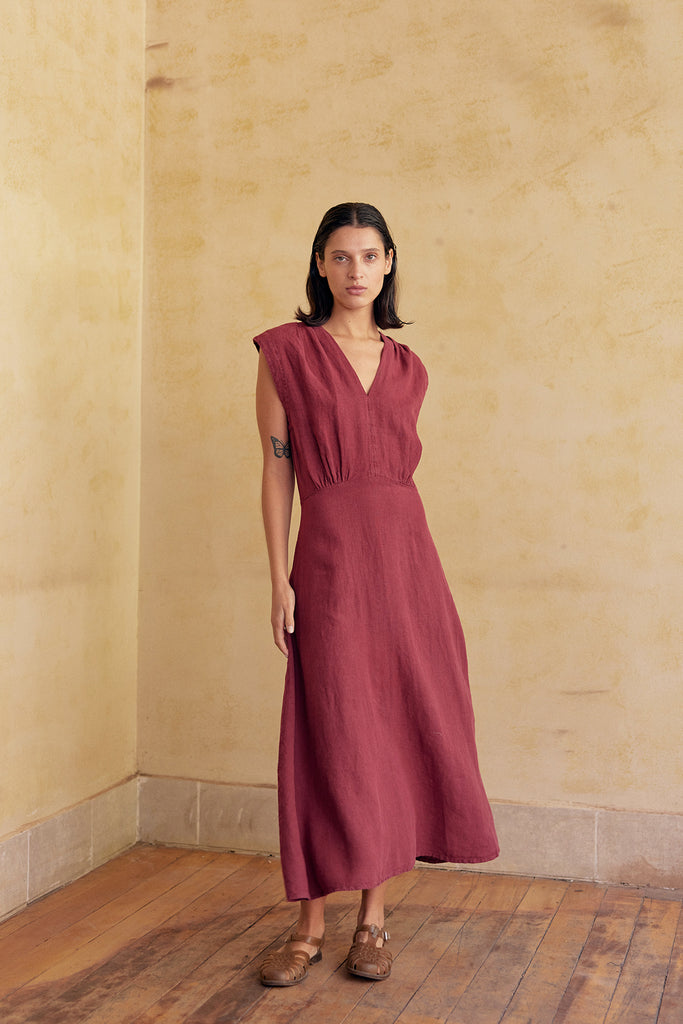 V-Neck Relaxed Dress Washed Linen - Berry