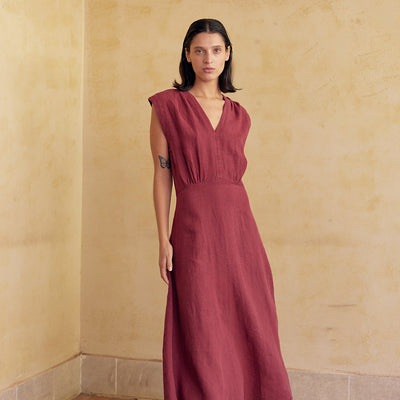 V-Neck Relaxed Dress Washed Linen - Berry