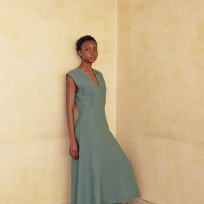 V-Neck Relaxed Dress Washed Linen - Agave