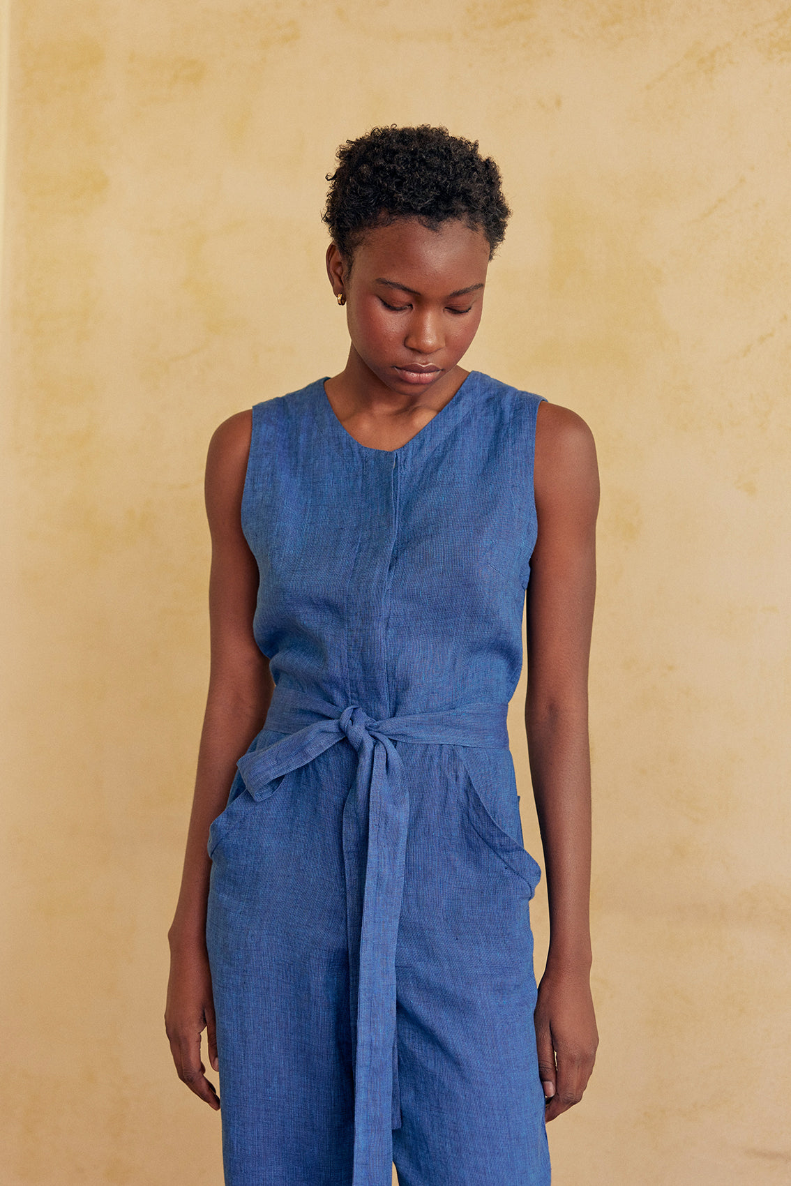 Tie-Waist Sleeveless Jumpsuit Washed Linen - Índigo