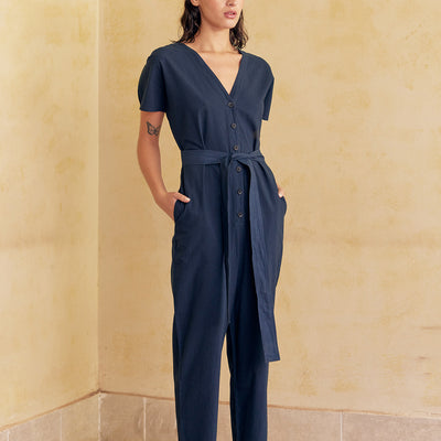 Curved Sleeve Jumpsuit Seersucker Cotton - Lago