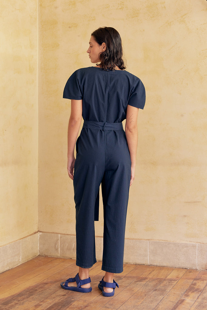 Curved Sleeve Jumpsuit Seersucker Cotton - Lago