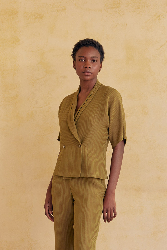 Blusa Cruzada Ribeteada Seda-Lino - Pesto