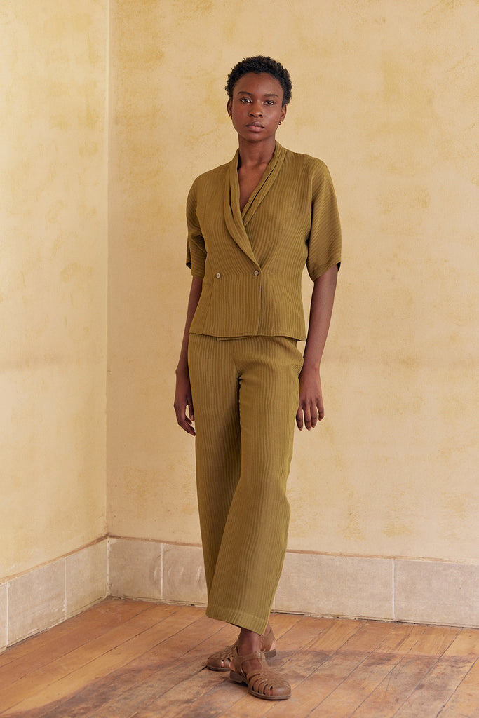 Blusa Cruzada Ribeteada Seda-Lino - Pesto
