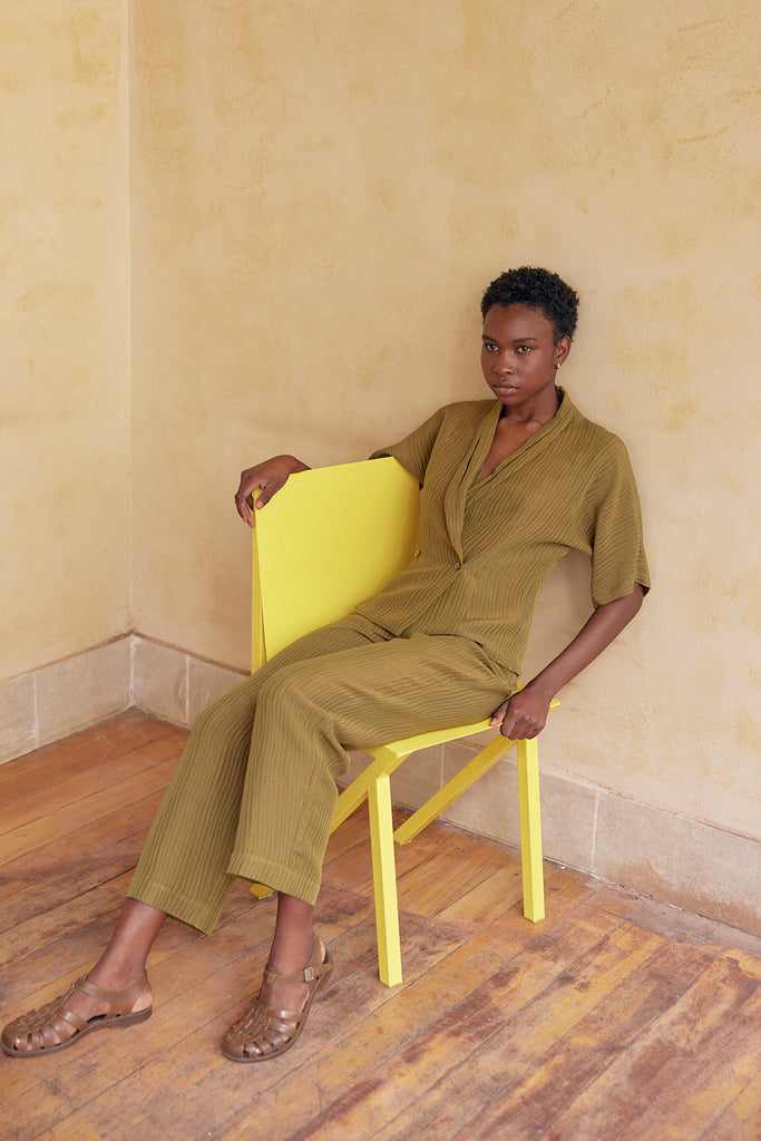 Blusa Cruzada Ribeteada Seda-Lino - Pesto