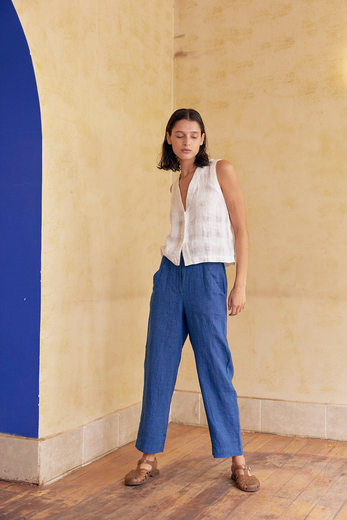 Pantalón Cintura Elasticada de Lino Washed - Índigo
