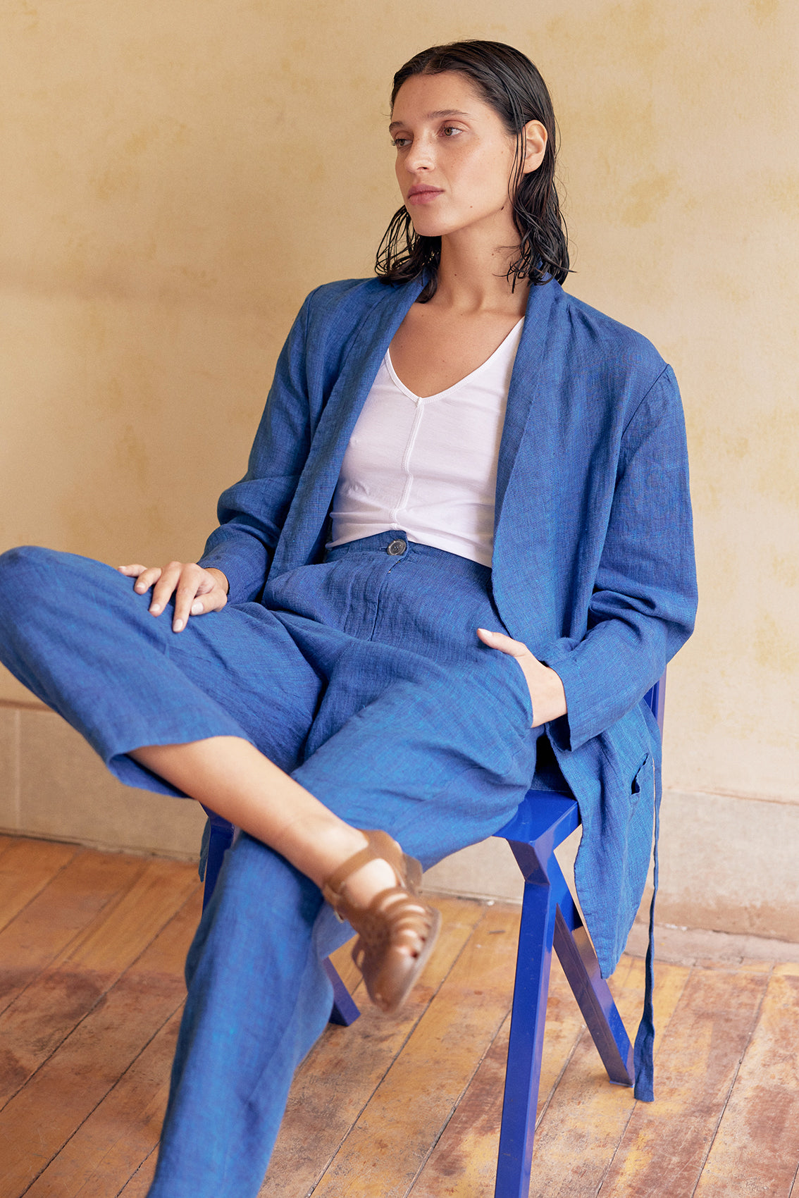 Chaqueta Solapa de Lino Washed - Índigo