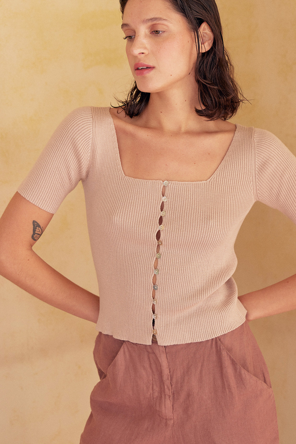 Buttoned Ribbed Knitted Top Pima Cotton - Magnolio