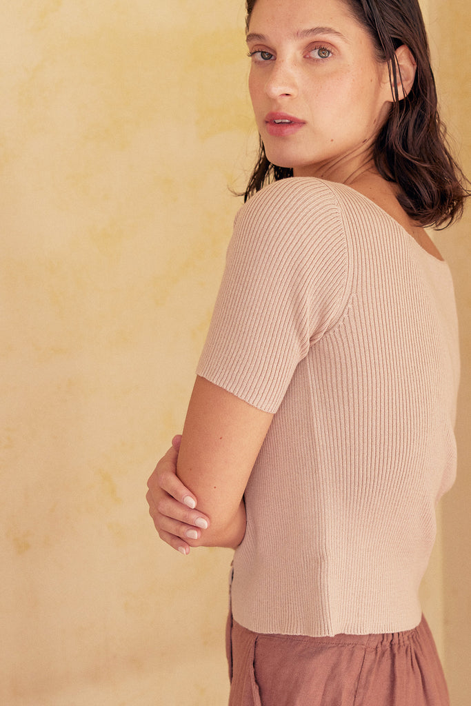 Buttoned Ribbed Knitted Top Pima Cotton - Magnolio