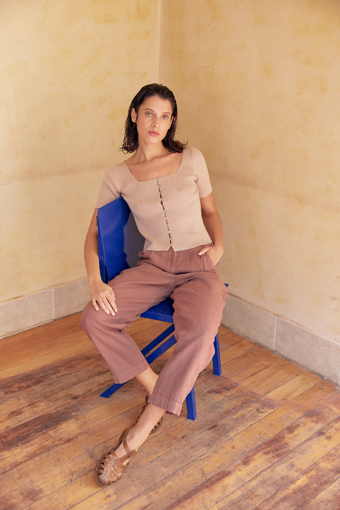 Buttoned Ribbed Knitted Top Pima Cotton - Magnolio