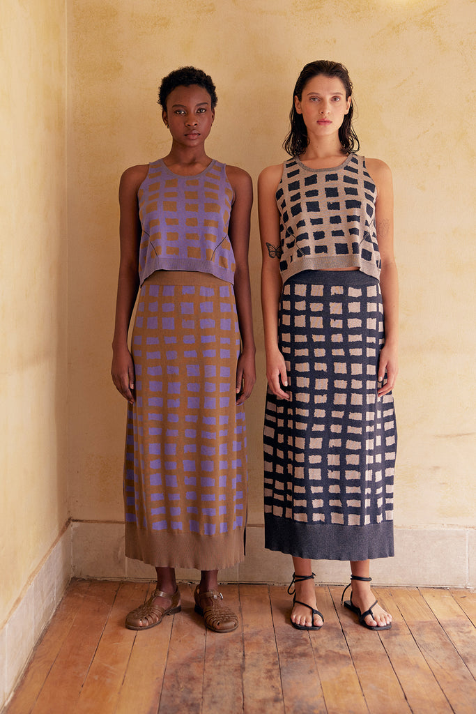 Hand-Drawn Grid Pattern Knitted Skirt Pima Cotton - Jacinto/Musgo