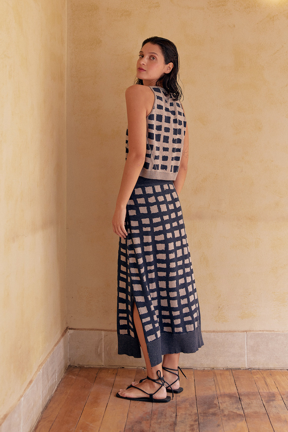 Hand-Drawn Grid Pattern Knitted Skirt Pima Cotton - Azul/Crema
