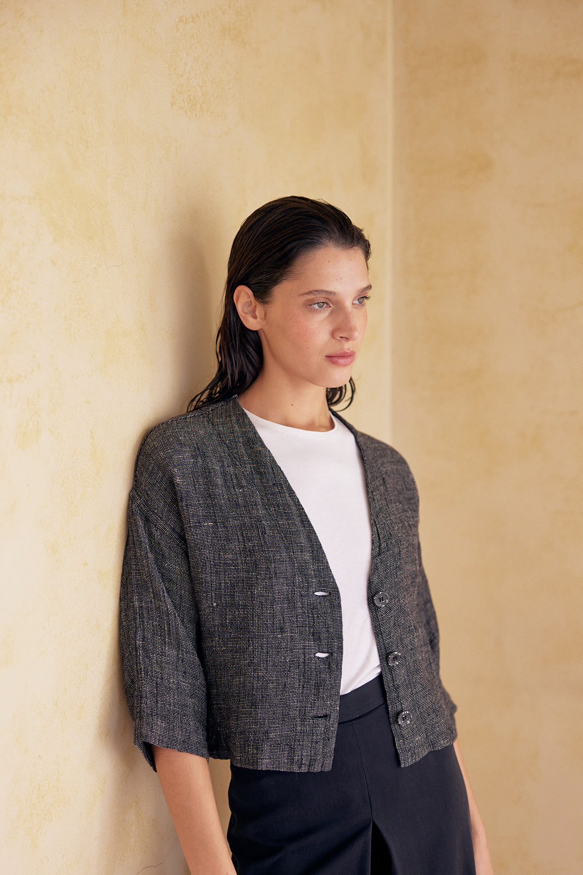 Chaqueta Corta de Lino Washed - Ónix Jaspeado