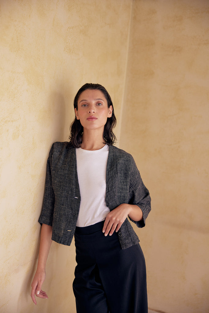 Chaqueta Corta de Lino Washed - Ónix Jaspeado