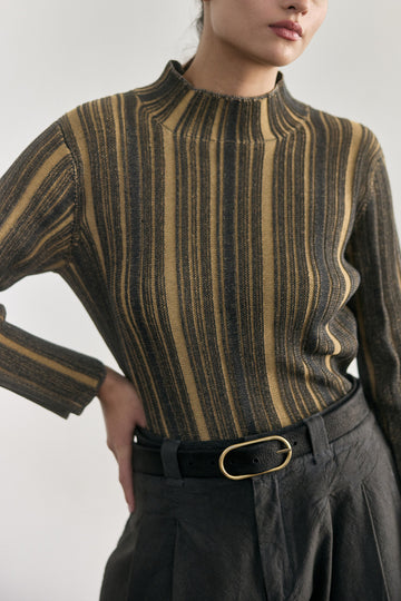 Top Medio Cuello Tejido Surcos Algodón Pima - Pizarra/Trigo