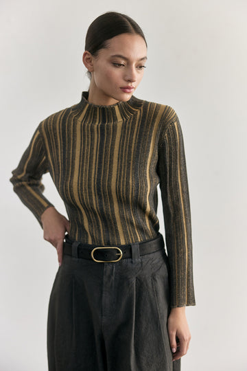 Pima Cotton Contrast Knitted Top - Slate/Wheat