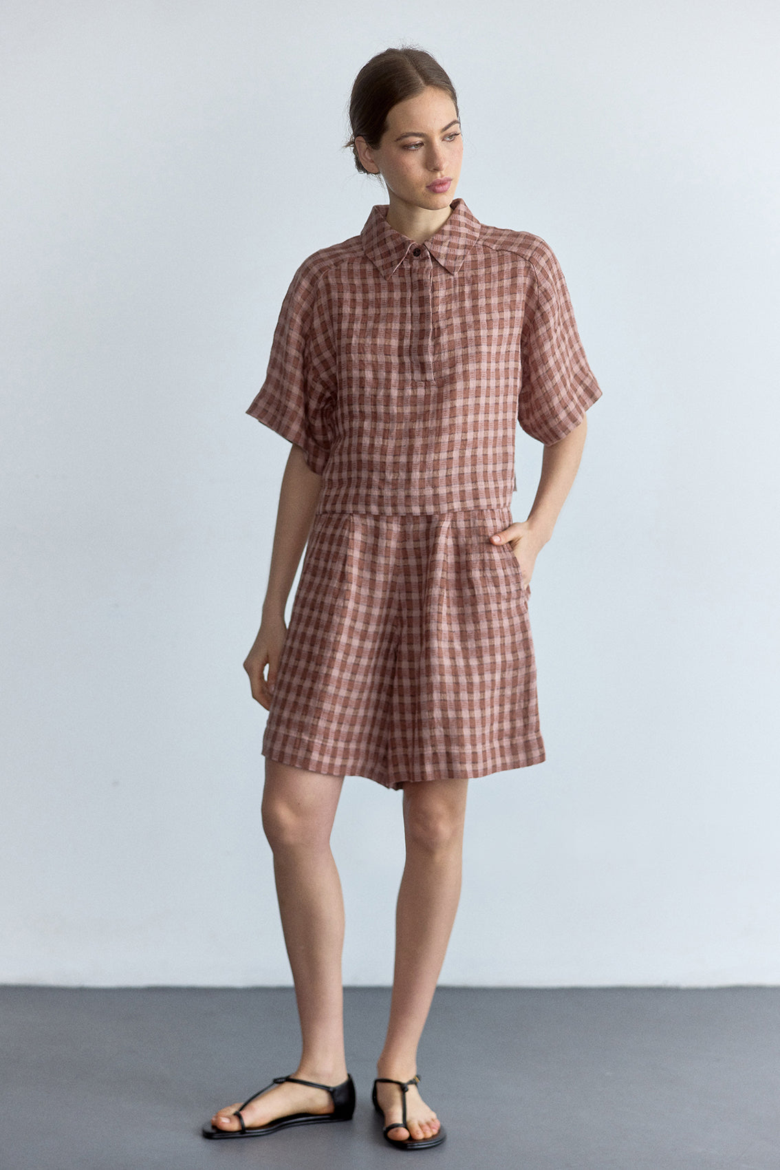 Top Polo Lino Gingham - Arcilla