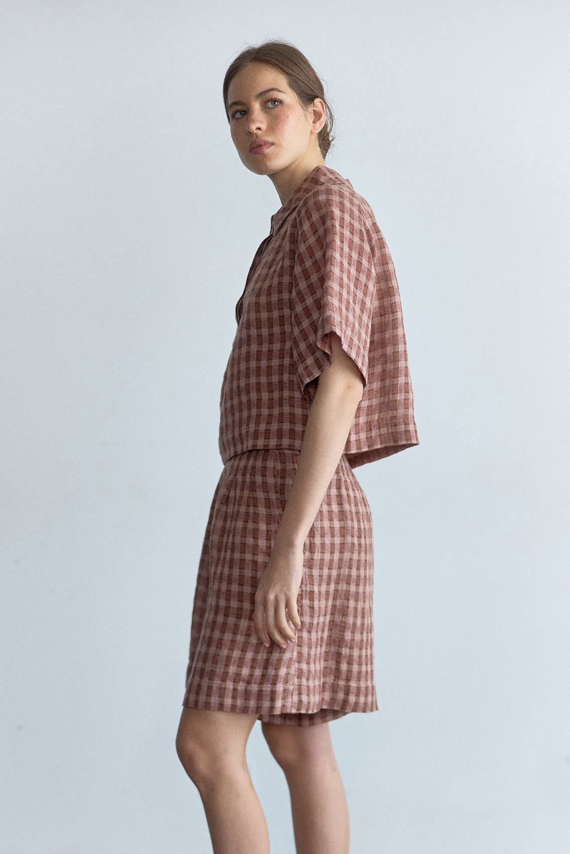 Top Polo Lino Gingham - Arcilla