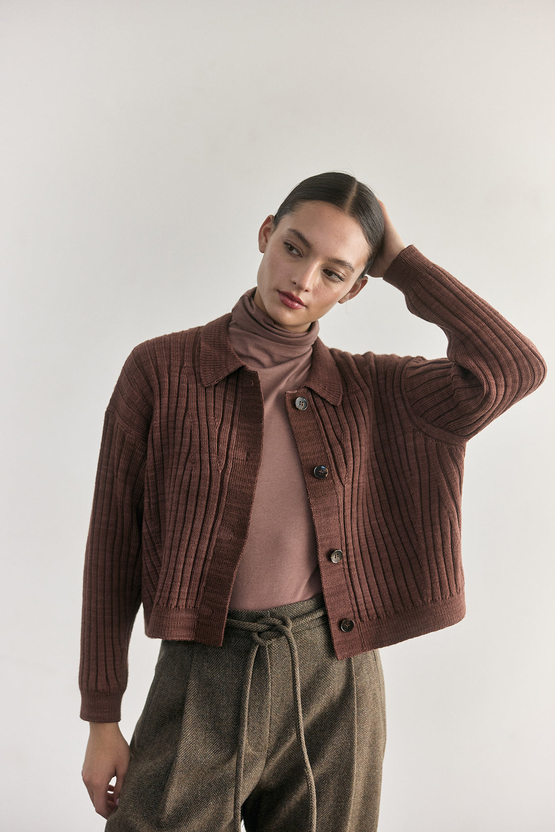 Cárdigan Barrado Lana Merino - Arcilla