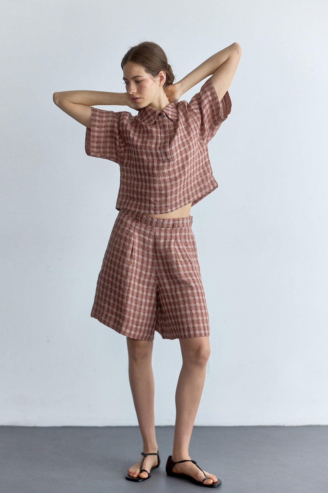 Top Polo Lino Gingham - Arcilla