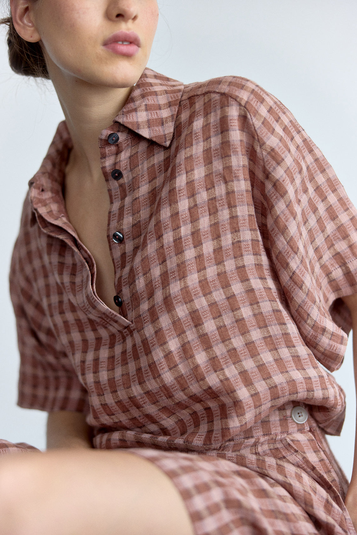 Top Polo Lino Gingham - Arcilla