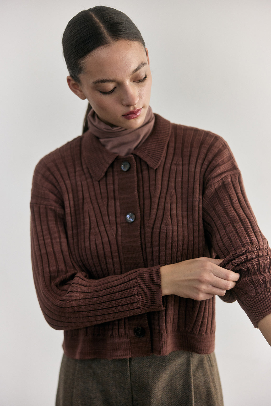 Cárdigan Barrado Lana Merino - Arcilla