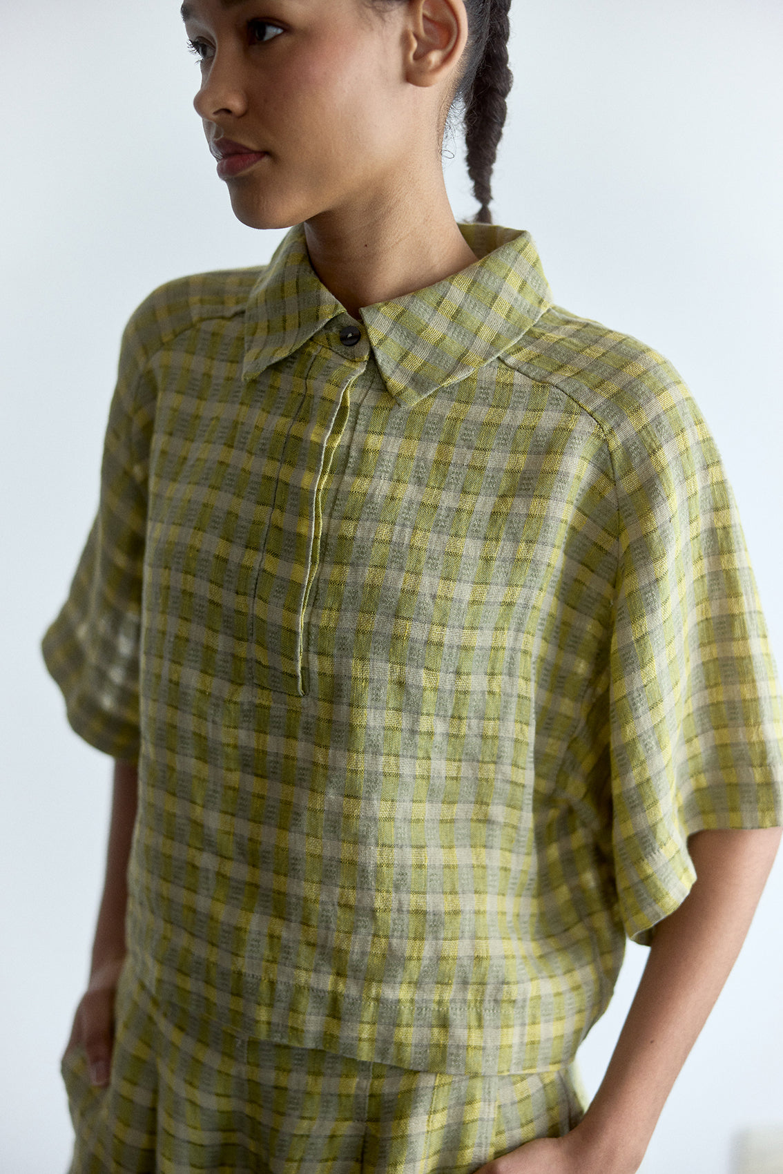 Top Polo Lino Gingham - Musgo