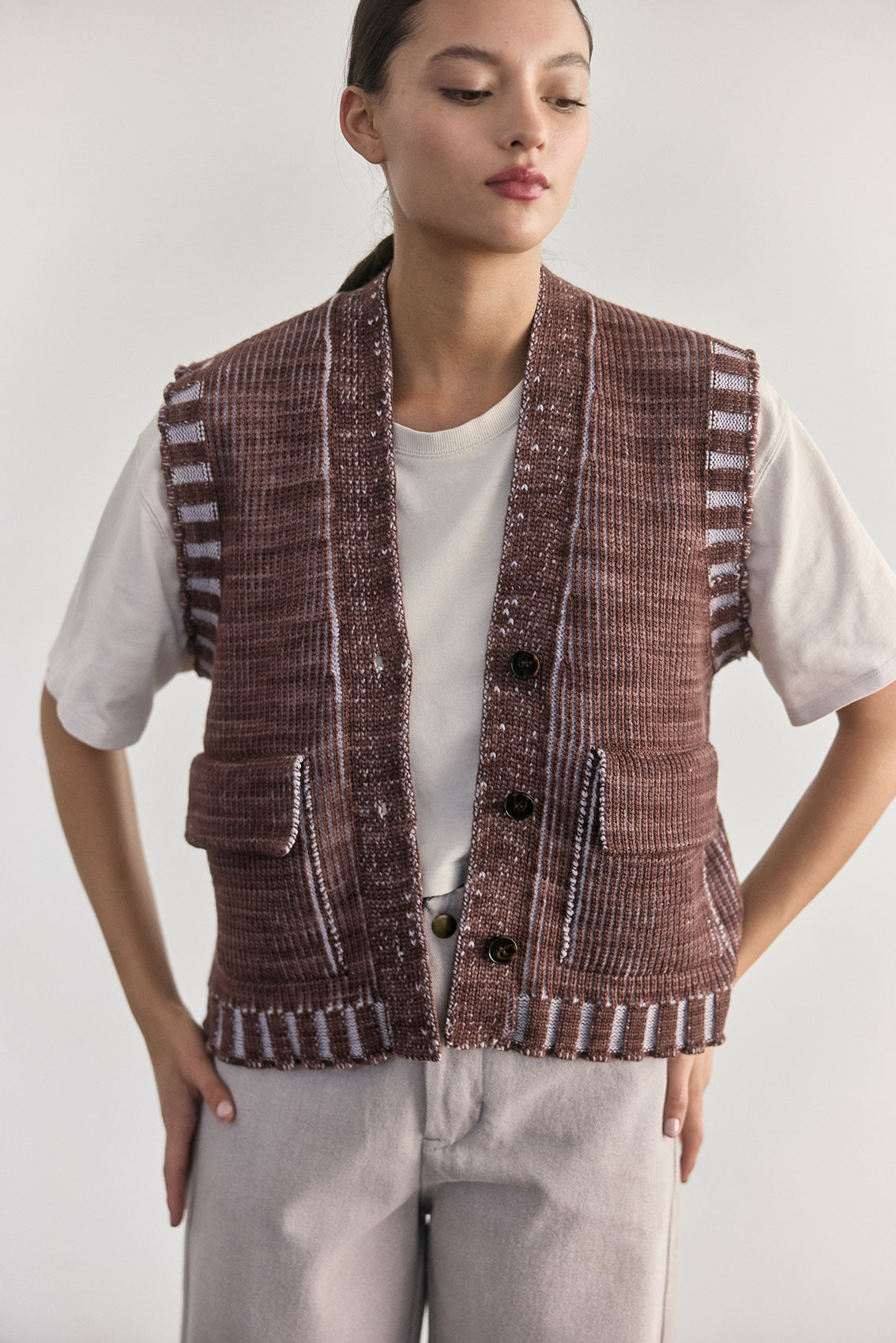 Vest Barrado Lana Merino - Arcilla