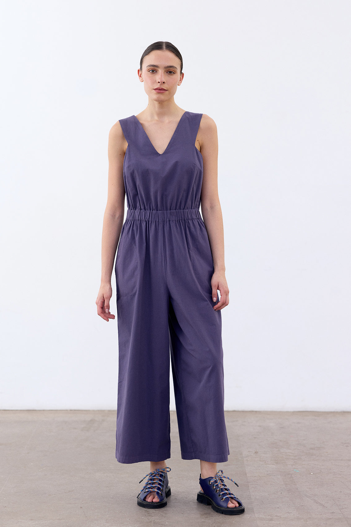 Open Back V-Neck Jumpsuit Cotton - Arándano