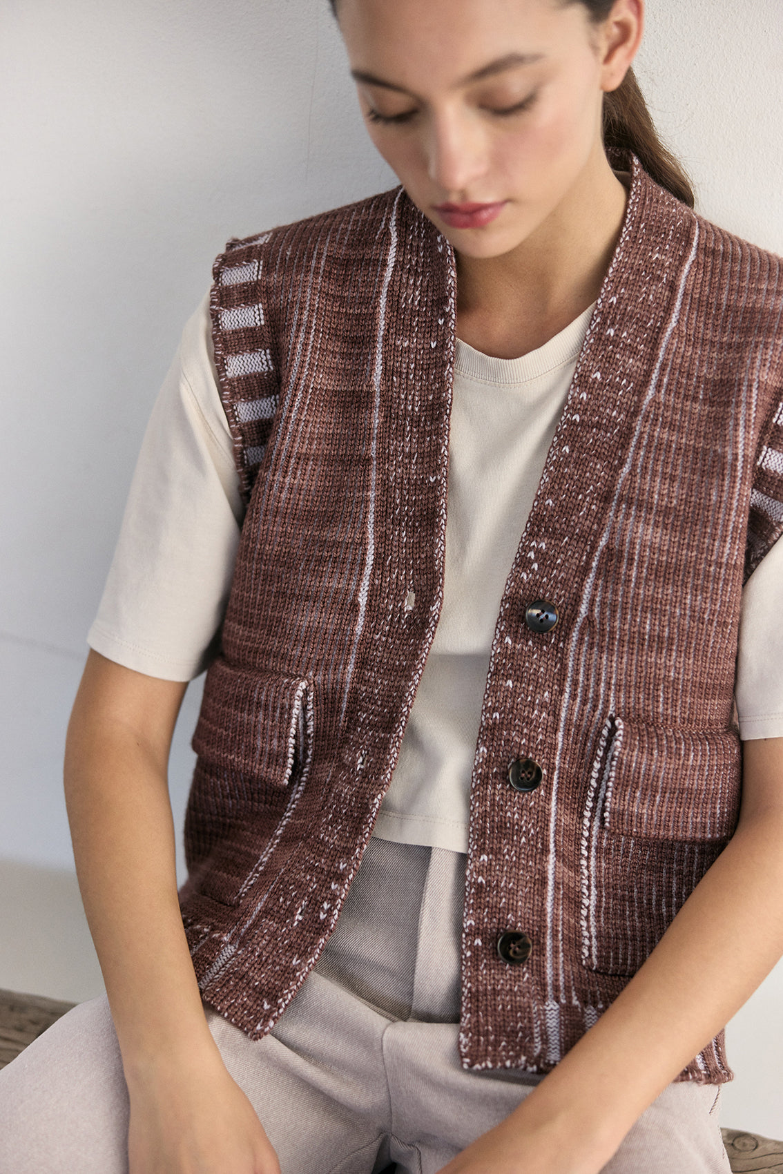 Vest Barrado Lana Merino - Arcilla