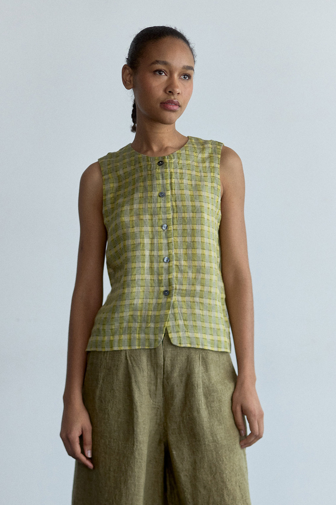 Top Vest Abotonado Lino Gingham - Musgo