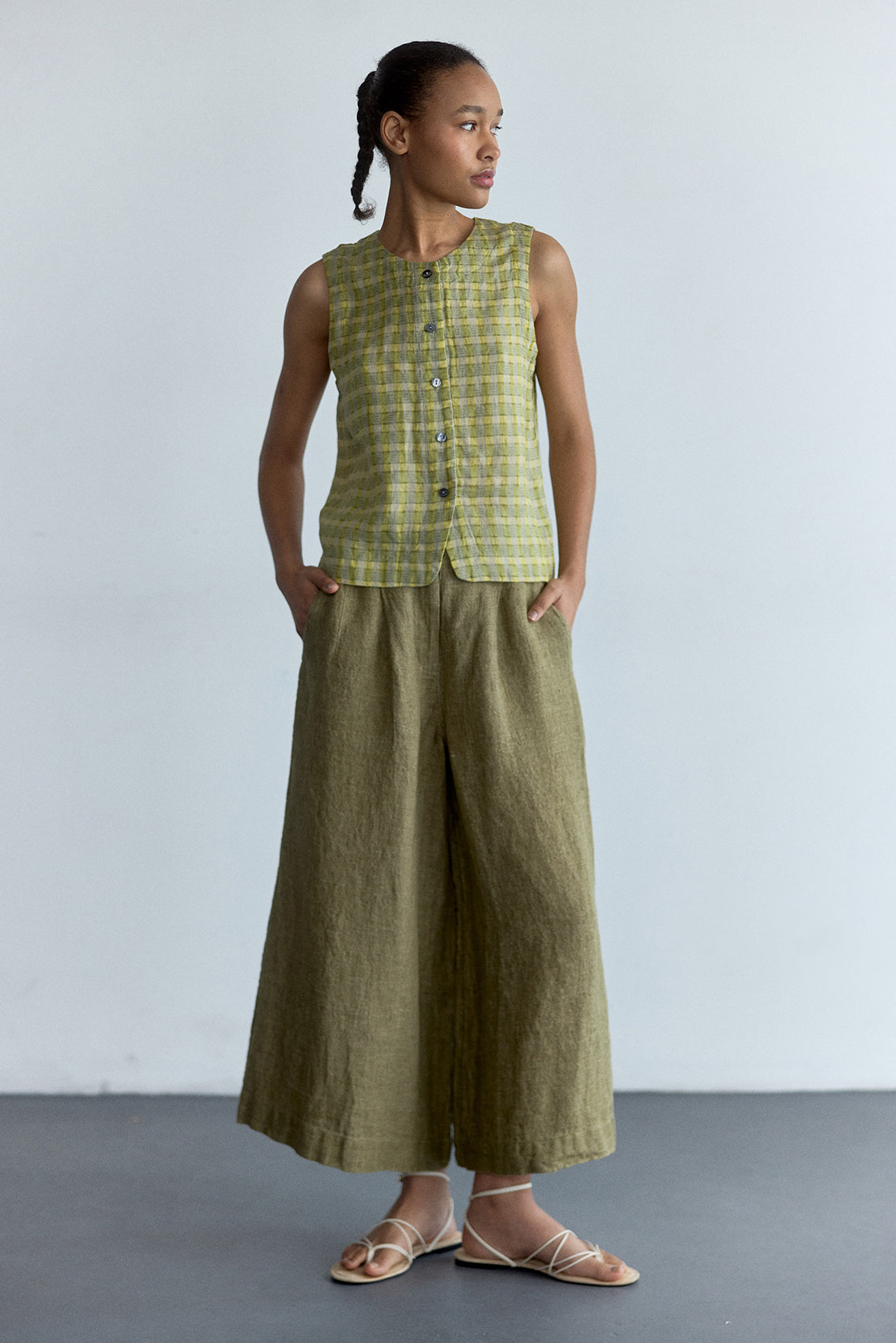 Top Vest Abotonado Lino Gingham - Musgo