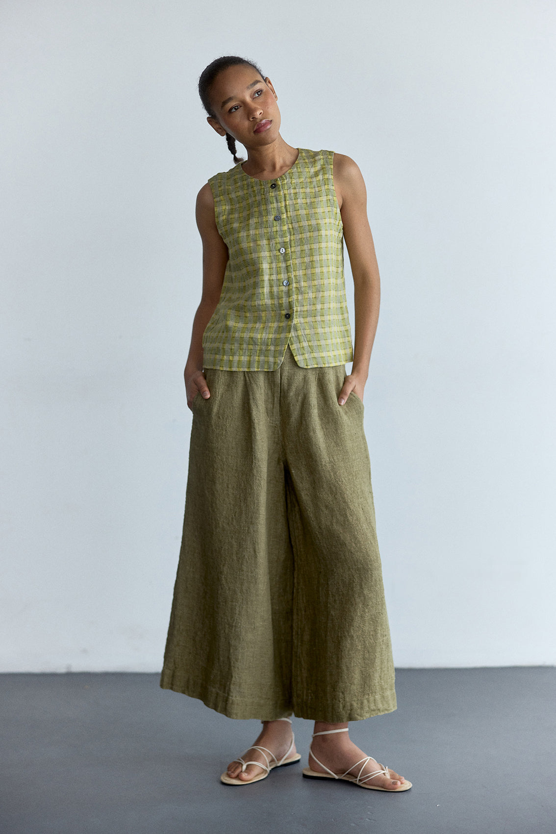 Pantalón Ancho Lino - Musgo