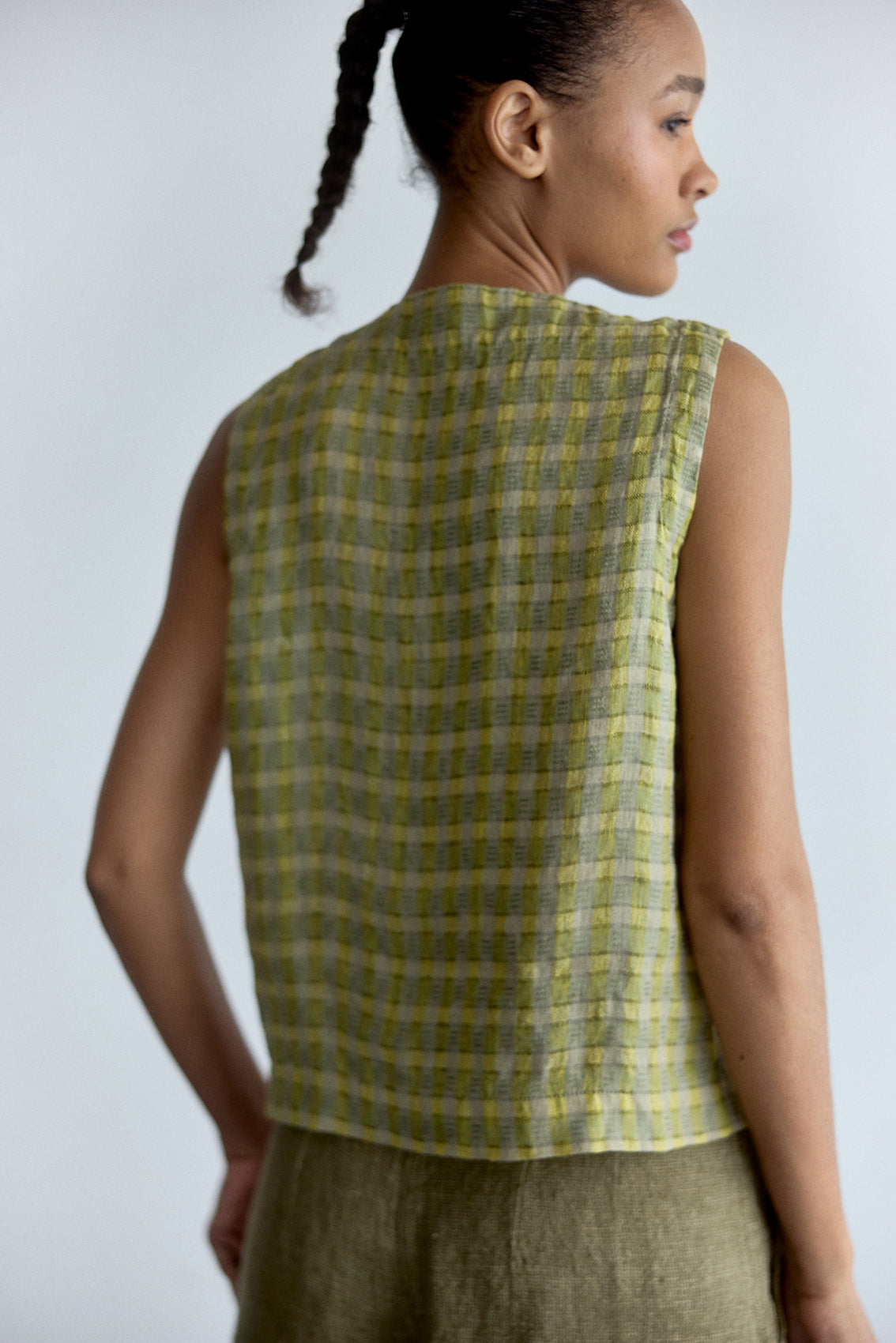 Top Vest Abotonado Lino Gingham - Musgo