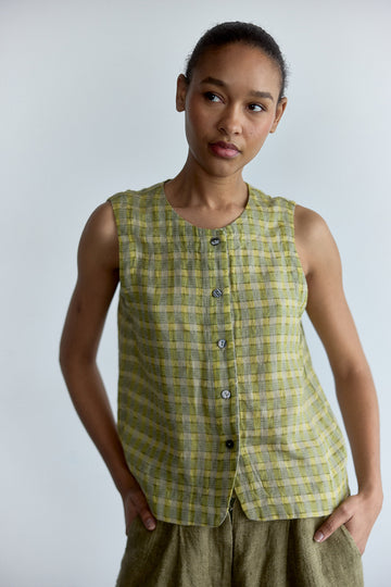 Top Vest Abotonado Lino Gingham - Musgo